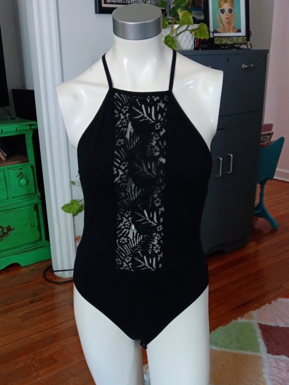 Black Halter Bodysuit with Lace Inset by Pink by Victoria's Secret